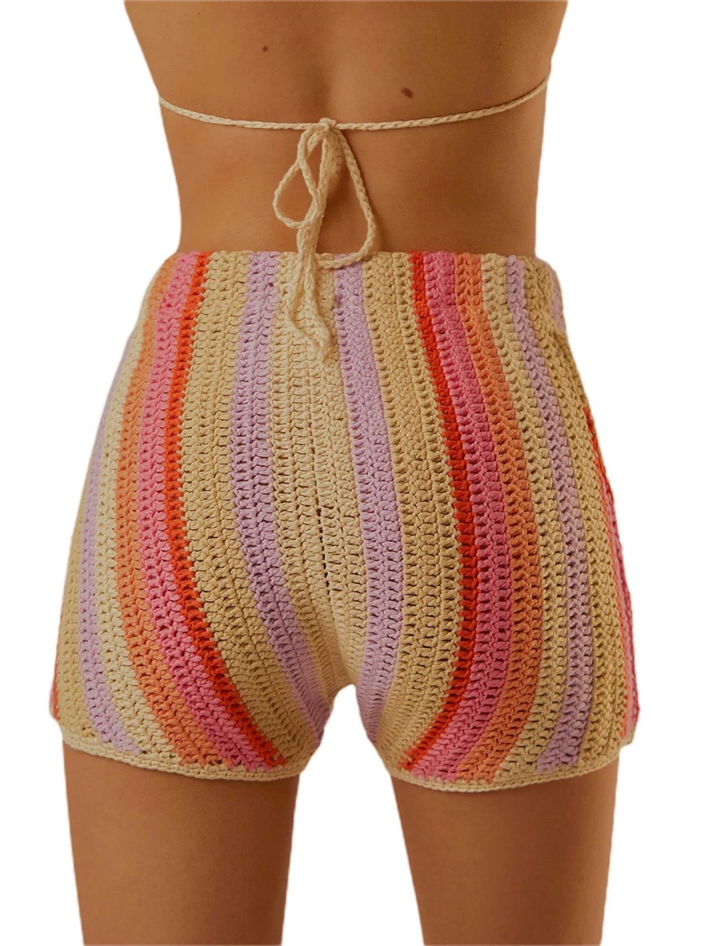 Peppermayo Crocheted High-Waist Striped Shorts in Beige, Pink, Lilac & Coral - Picture 1 of 6